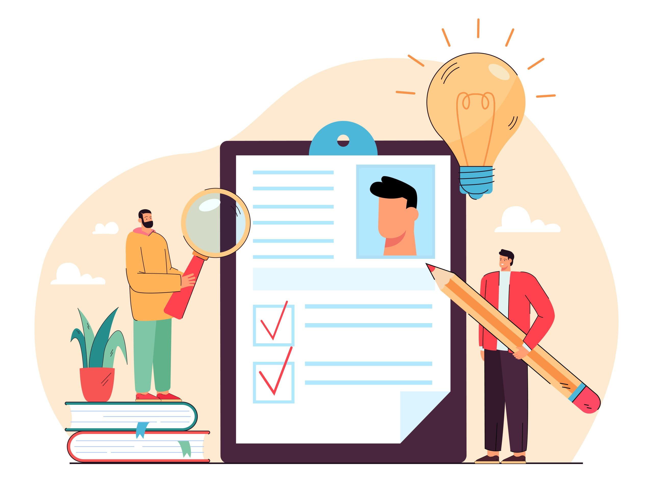 Cartoon character filling in form in survey or checklist